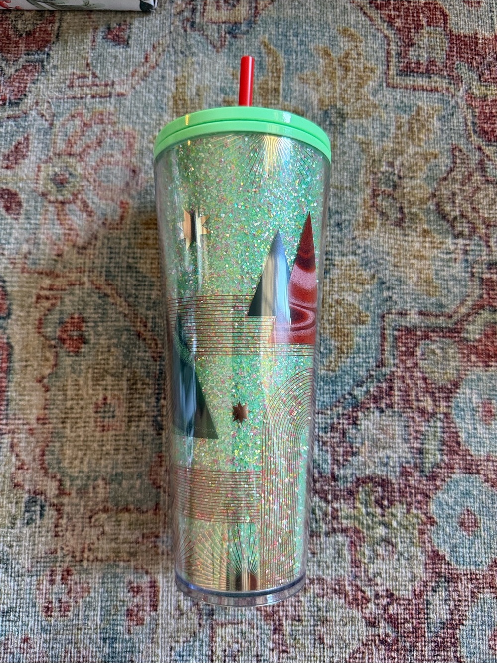 Starbucks Green Glitter Holiday Tumbler with Red Straw